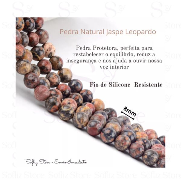 Pulseira Pedra Jaspe Leopardo detalhe -Natural Equilibrio Paz Coragem - Com Fio Silicone Duplo Sofliz