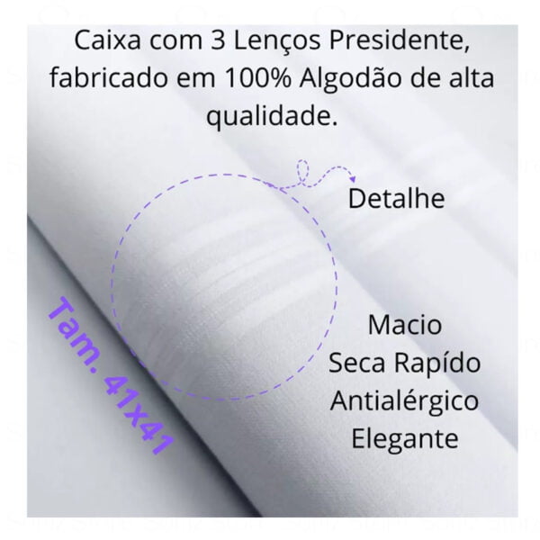 Lenço Presidente Branco 41x41 medidas 100% Algodão Masculino Cx Com 3 Unid